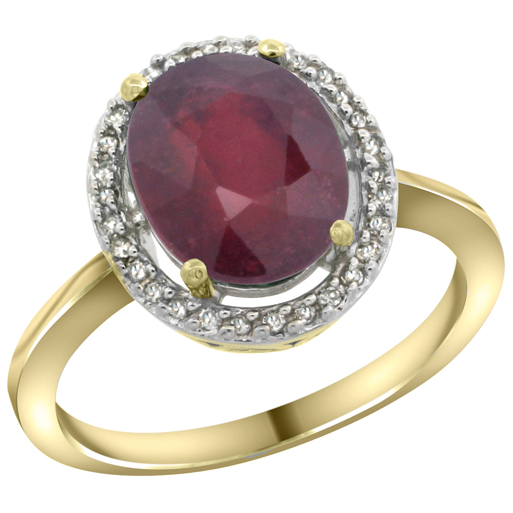 Sabrina Silver 10K Yellow Gold Diamond Halo Enhanced Genuine Ruby Engagement Ring Oval 10x8 mm, sizes 5-10
