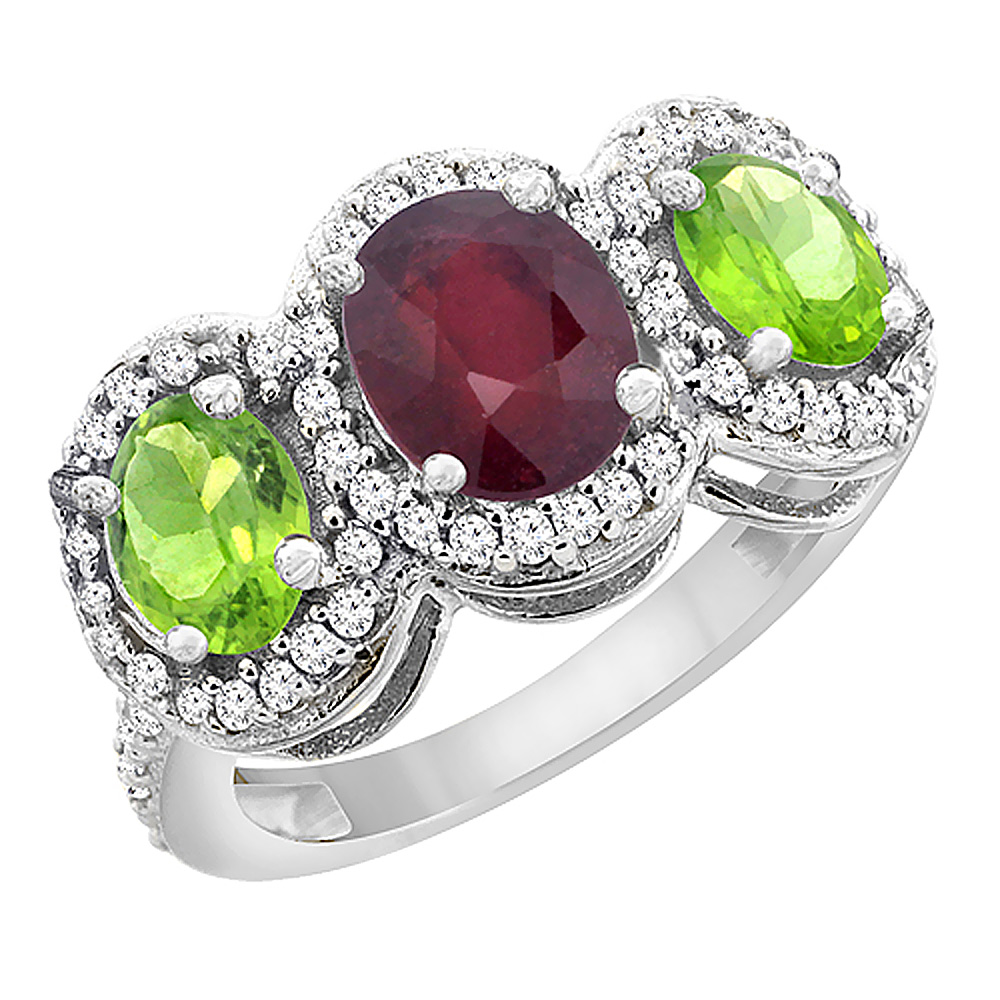 Sabrina Silver 14K White Gold Enhanced Ruby & Peridot 3-Stone Ring Oval Diamond Accent, sizes 5 - 10