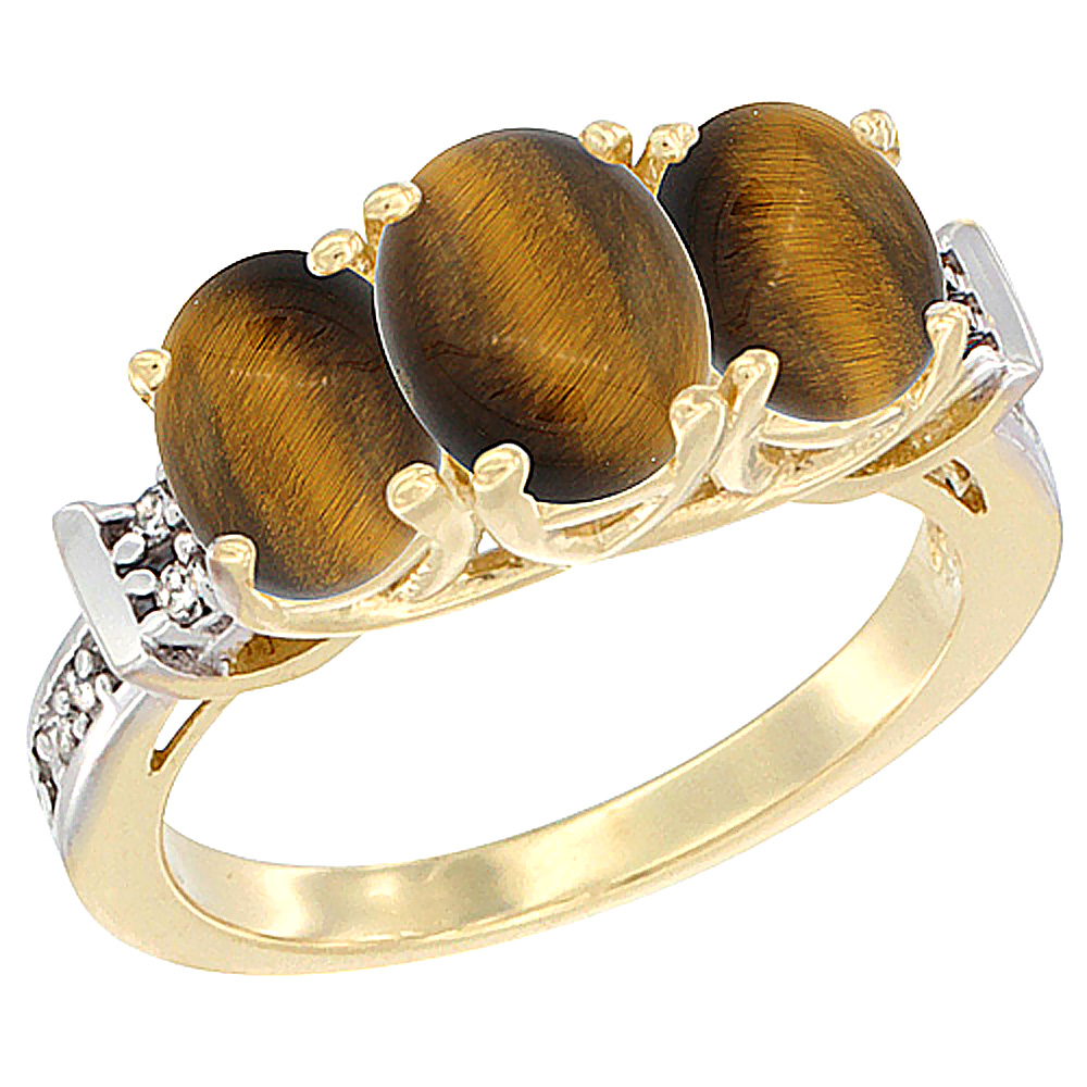 Sabrina Silver 14K Yellow Gold Natural Tiger Eye Ring 3-Stone Oval Diamond Accent, sizes 5 - 10