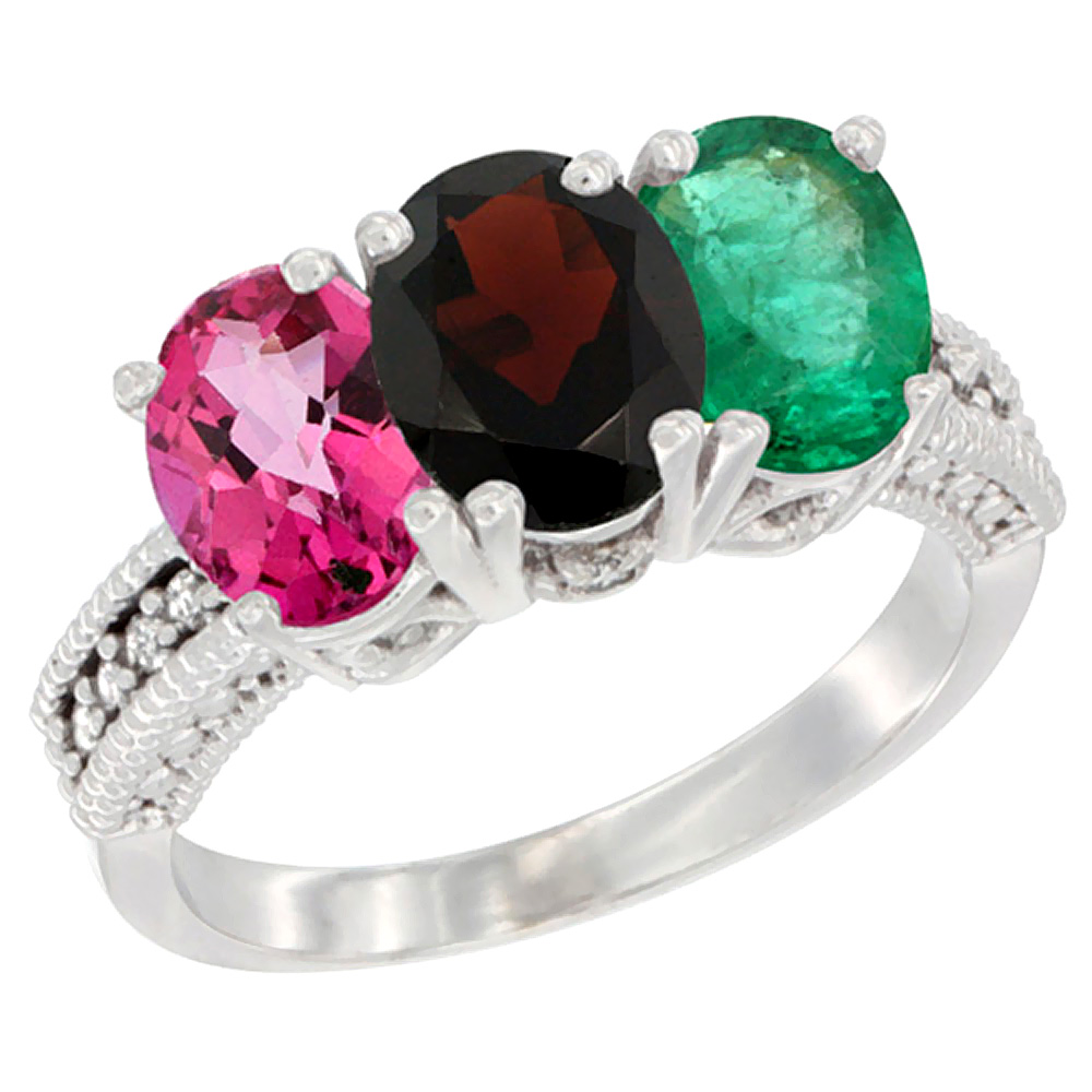 Sabrina Silver 14K White Gold Natural Pink Topaz, Garnet & Emerald Ring 3-Stone 7x5 mm Oval Diamond Accent, sizes 5 - 10