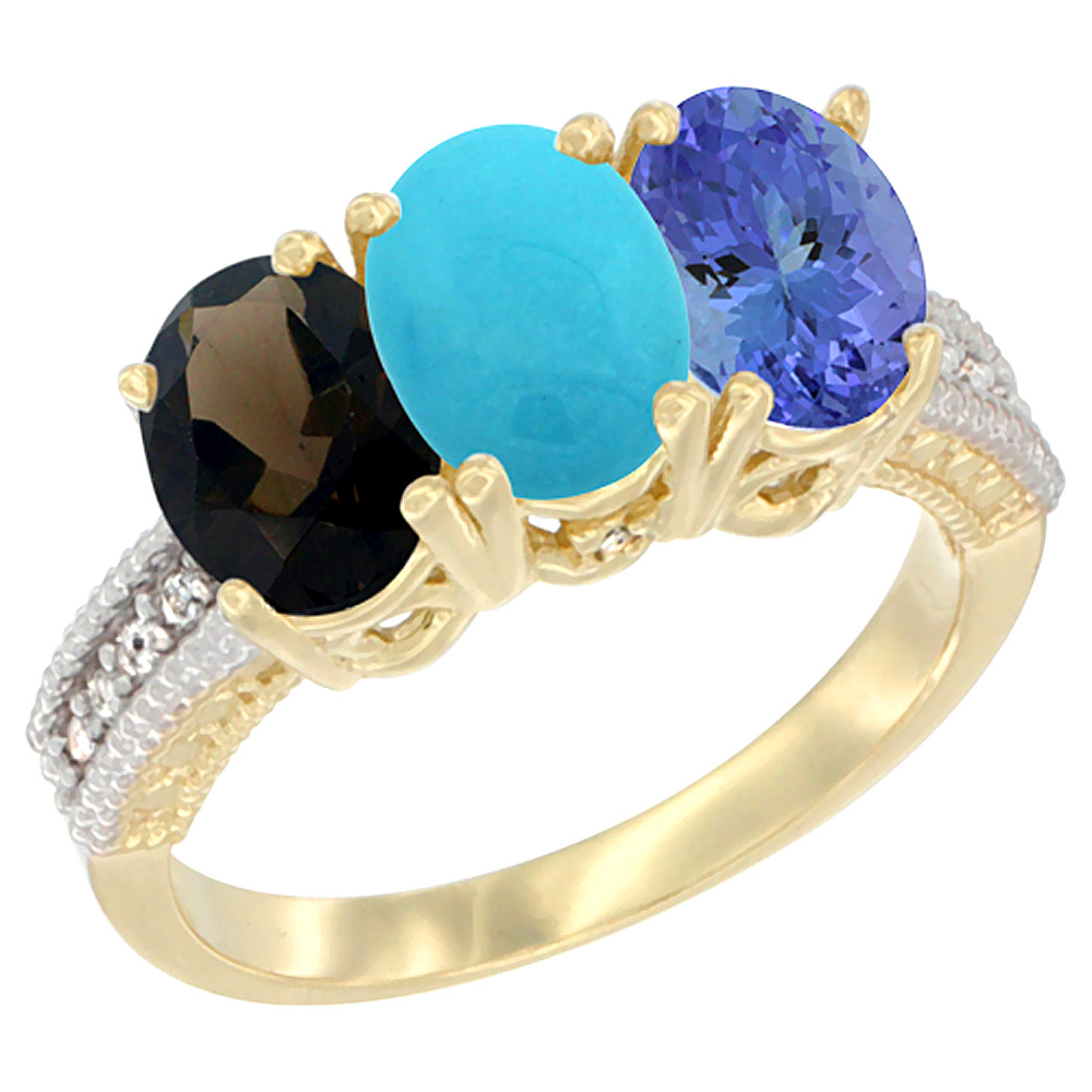 Sabrina Silver 14K Yellow Gold Natural Smoky Topaz, Turquoise & Tanzanite Ring 3-Stone 7x5 mm Oval Diamond Accent, sizes 5 - 10
