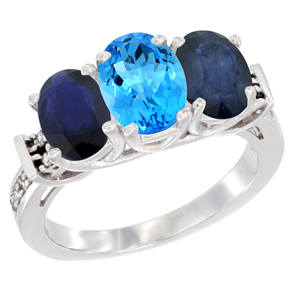 Sabrina Silver 14K White Gold Natural Swiss Blue Topaz & Blue Sapphire Sides Ring 3-Stone Oval Diamond Accent, sizes 5 - 10
