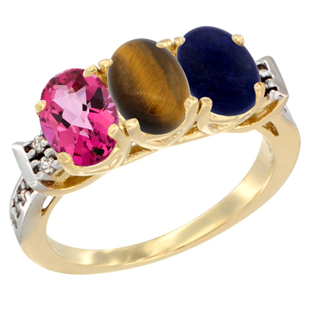 Sabrina Silver 10K Yellow Gold Natural Pink Topaz, Tiger Eye & Lapis Ring 3-Stone Oval 7x5 mm Diamond Accent, sizes 5 - 10