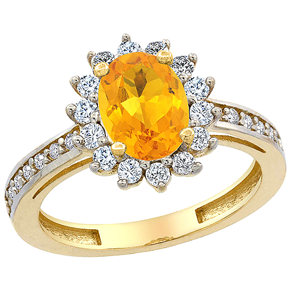 Sabrina Silver 10K Yellow Gold Natural Citrine Floral Halo Ring Oval 8x6mm Diamond Accents, sizes 5 - 10