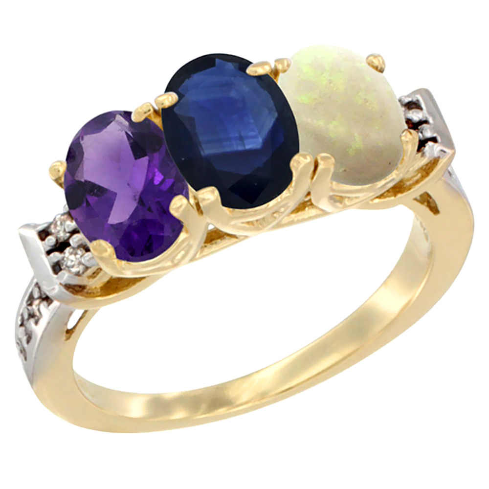 Sabrina Silver 10K Yellow Gold Natural Amethyst, Blue Sapphire & Opal Ring 3-Stone Oval 7x5 mm Diamond Accent, sizes 5 - 10