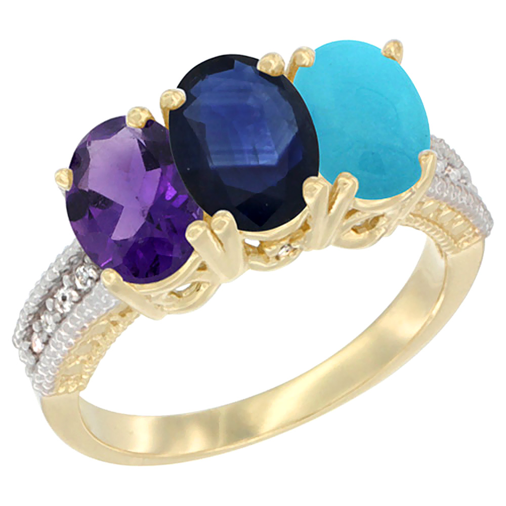 Sabrina Silver 14K Yellow Gold Natural Amethyst, Blue Sapphire & Turquoise Ring 3-Stone 7x5 mm Oval Diamond Accent, sizes 5 - 10