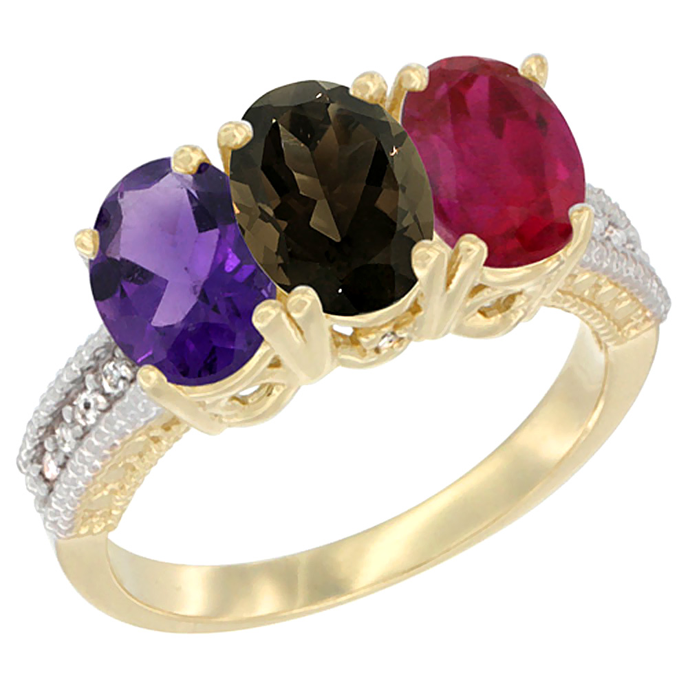 Sabrina Silver 14K Yellow Gold Natural Amethyst, Smoky Topaz & Enhanced Ruby Ring 3-Stone 7x5 mm Oval Diamond Accent, sizes 5 - 10