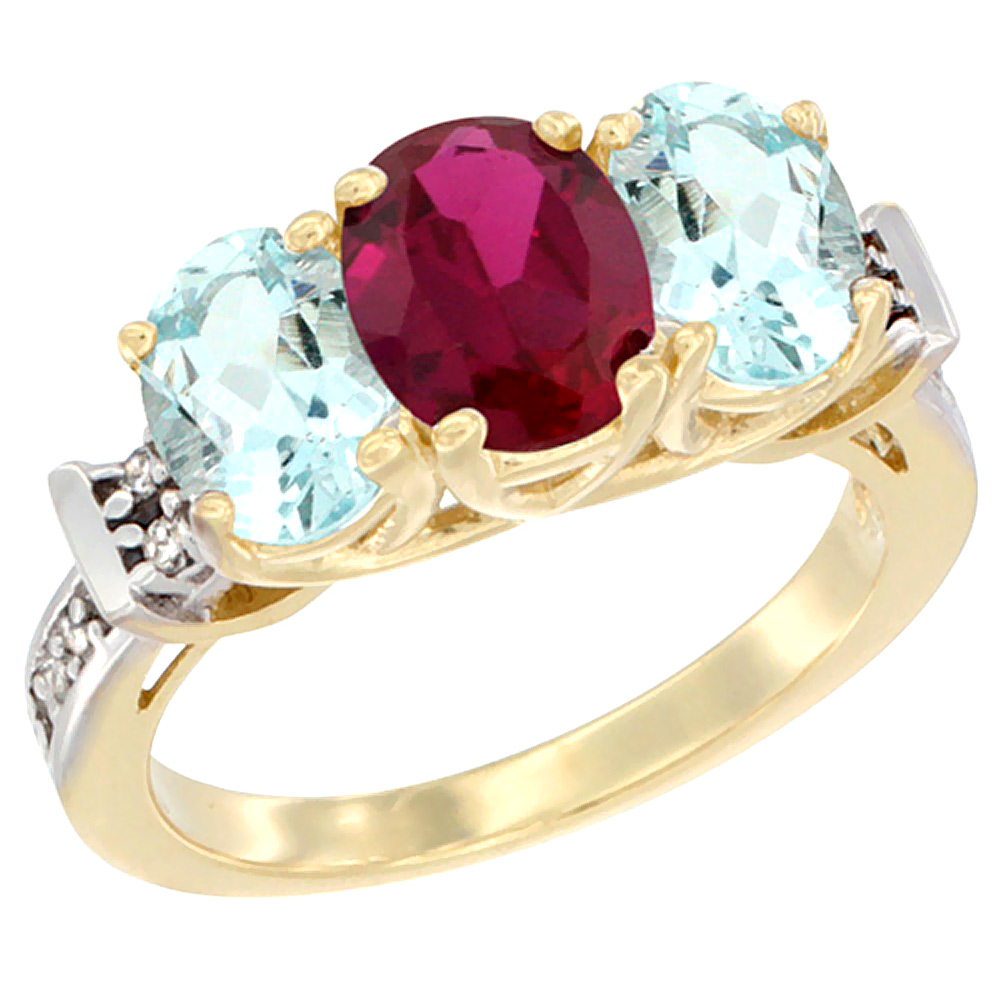 Sabrina Silver 10K Yellow Gold Enhanced Ruby & Aquamarine Sides Ring 3-Stone Oval Diamond Accent, sizes 5 - 10