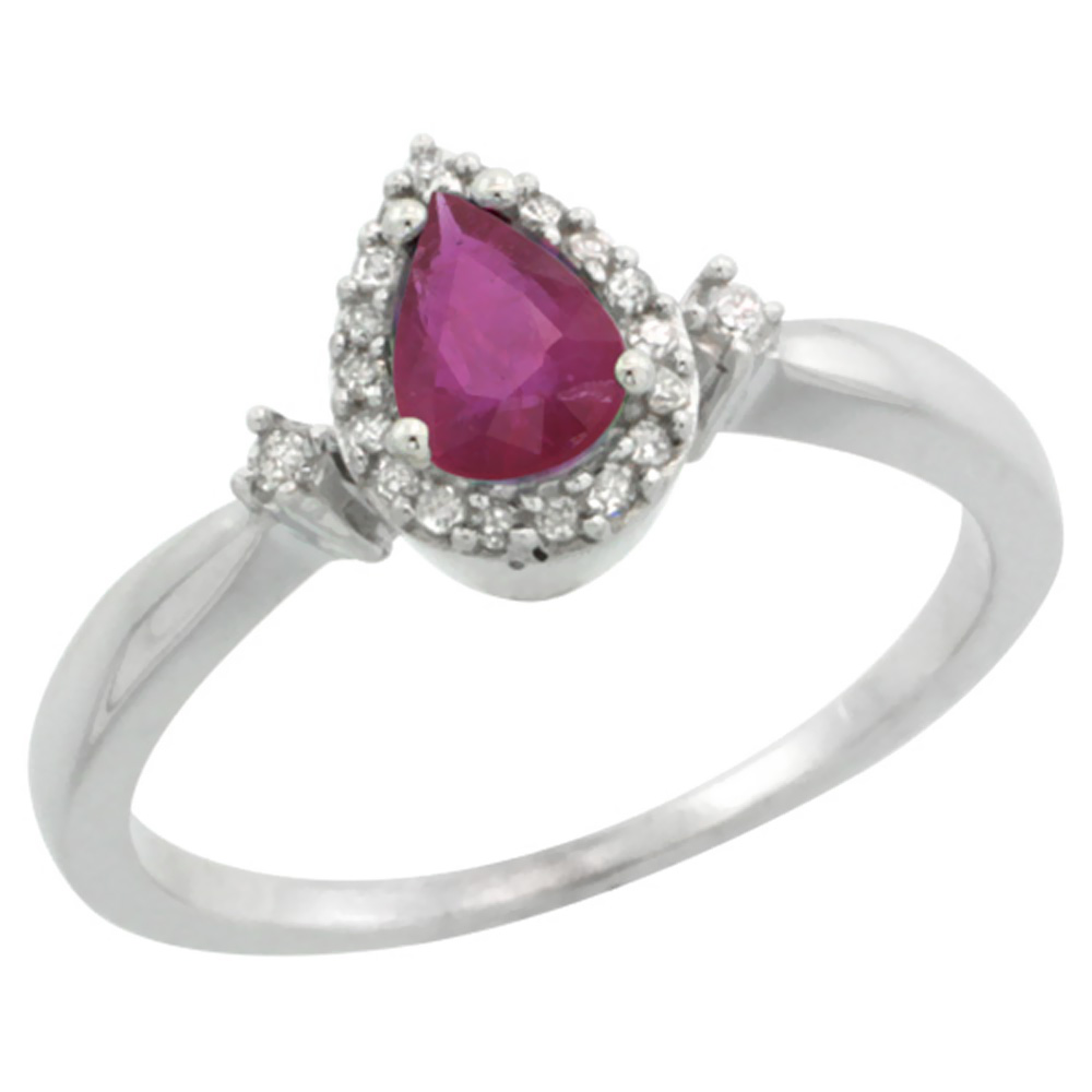 Sabrina Silver 10K White Gold Diamond Enhanced Ruby Ring Pear 6x4mm, sizes 5-10
