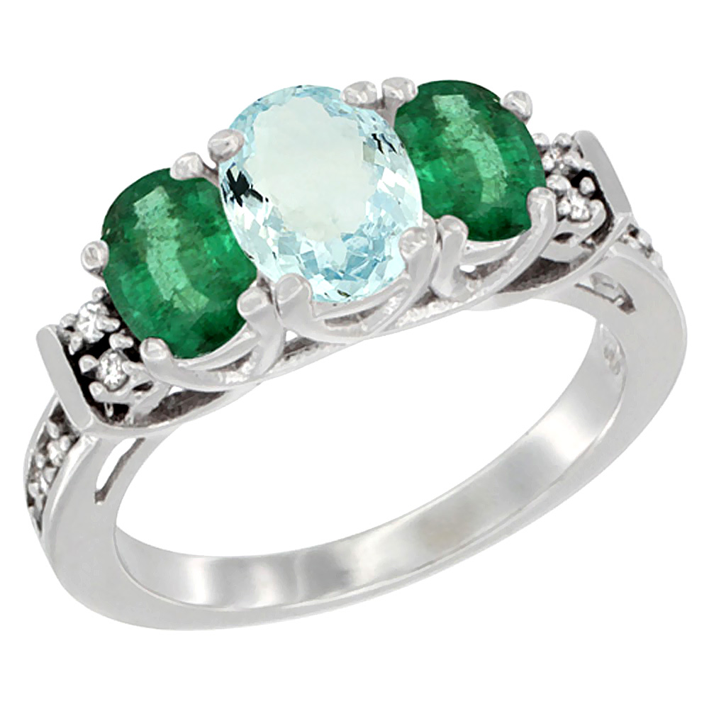 Sabrina Silver 10K White Gold Natural Aquamarine & Emerald Ring 3-Stone Oval Diamond Accent, sizes 5-10