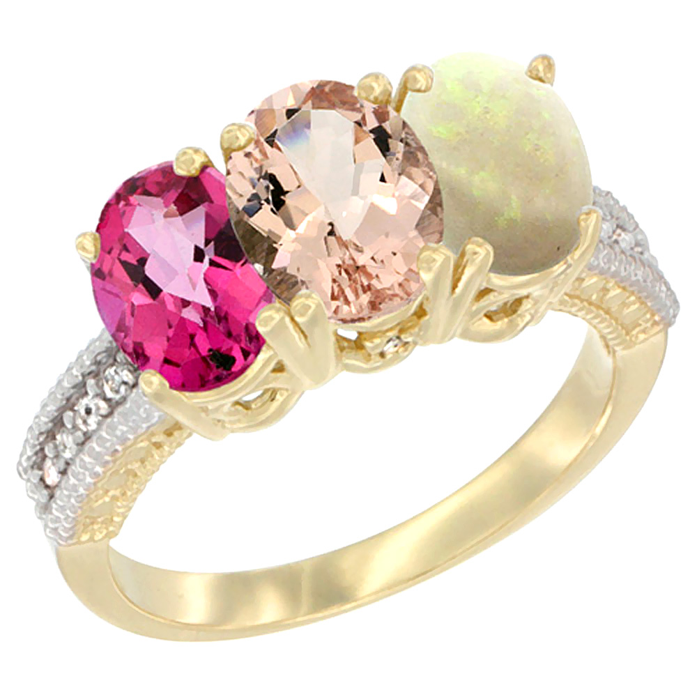 Sabrina Silver 10K Yellow Gold Diamond Natural Pink Topaz, Morganite & Opal Ring 3-Stone Oval 7x5 mm, sizes 5 - 10