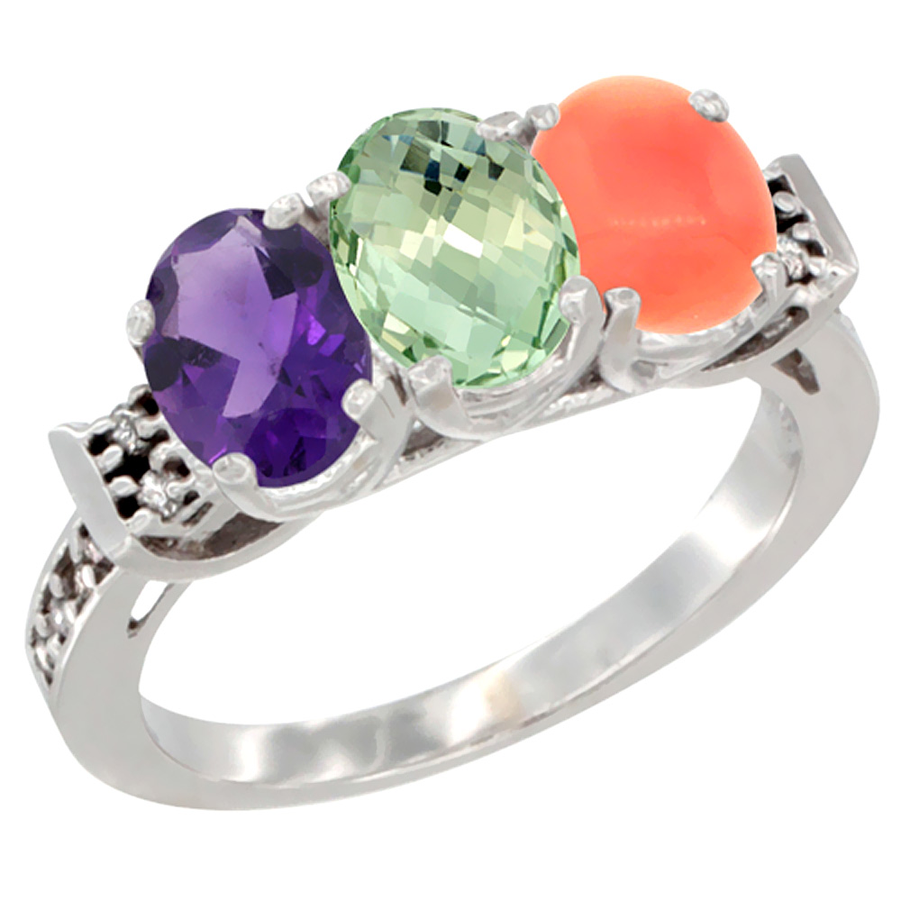 Sabrina Silver 10K White Gold Natural Amethyst, Green Amethyst & Coral Ring 3-Stone Oval 7x5 mm Diamond Accent, sizes 5 - 10