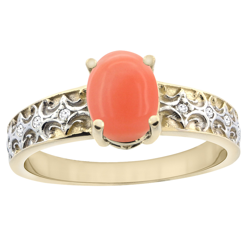 Sabrina Silver 14K Yellow Gold Natural Coral Ring Oval 8x6 mm Diamond Accents, sizes 5 - 10