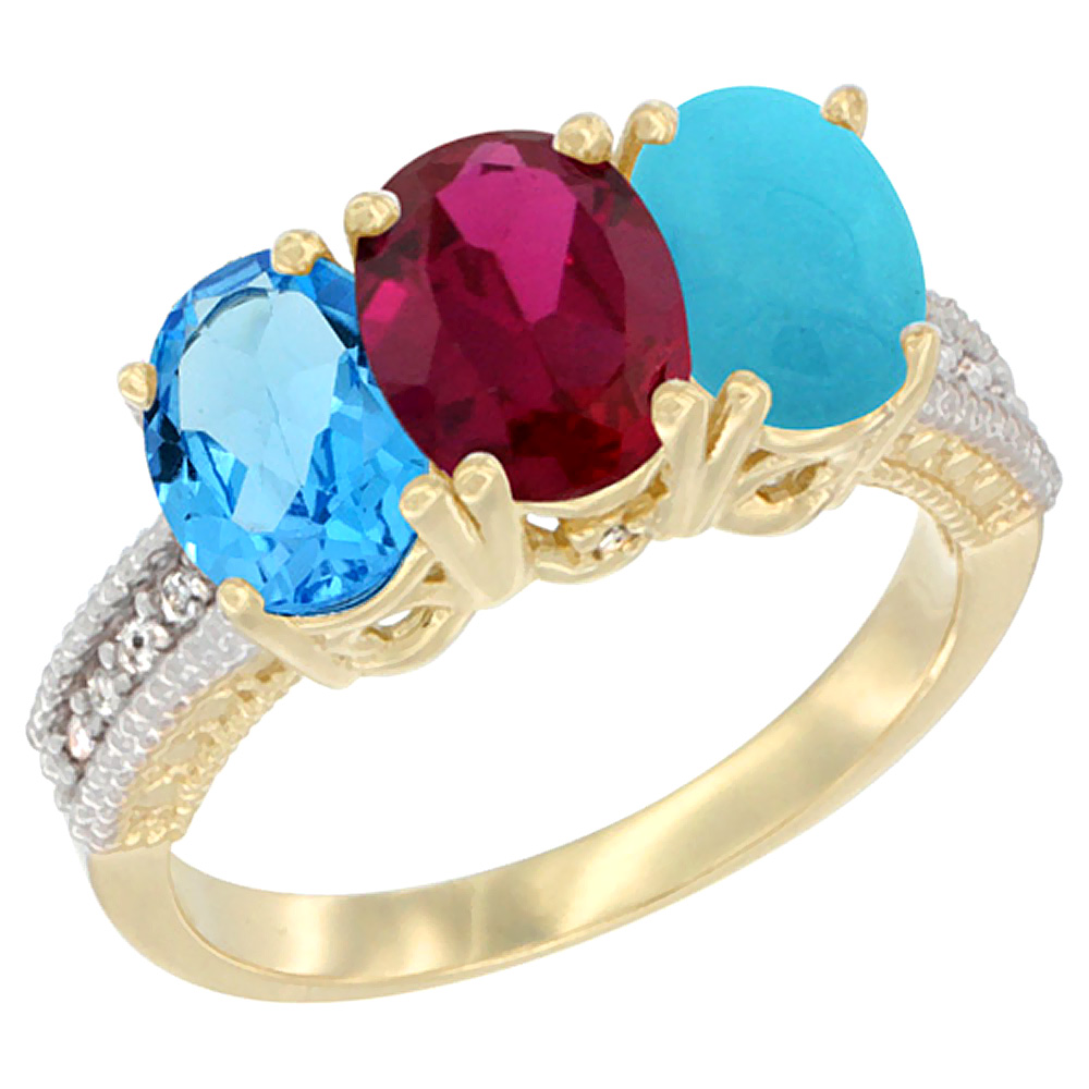 Sabrina Silver 10K Yellow Gold Diamond Natural Swiss Blue Topaz, Enhanced Ruby & Natural Turquoise Ring 3-Stone Oval 7x5 mm, sizes 5 - 10