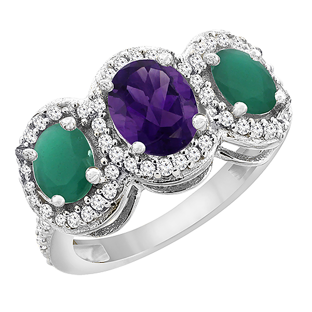 Sabrina Silver 14K White Gold Natural Amethyst & Emerald 3-Stone Ring Oval Diamond Accent, sizes 5 - 10