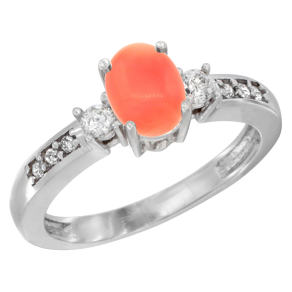 Sabrina Silver 14K White Gold Diamond Natural Coral Engagement Ring Oval 7x5 mm, sizes 5 - 10
