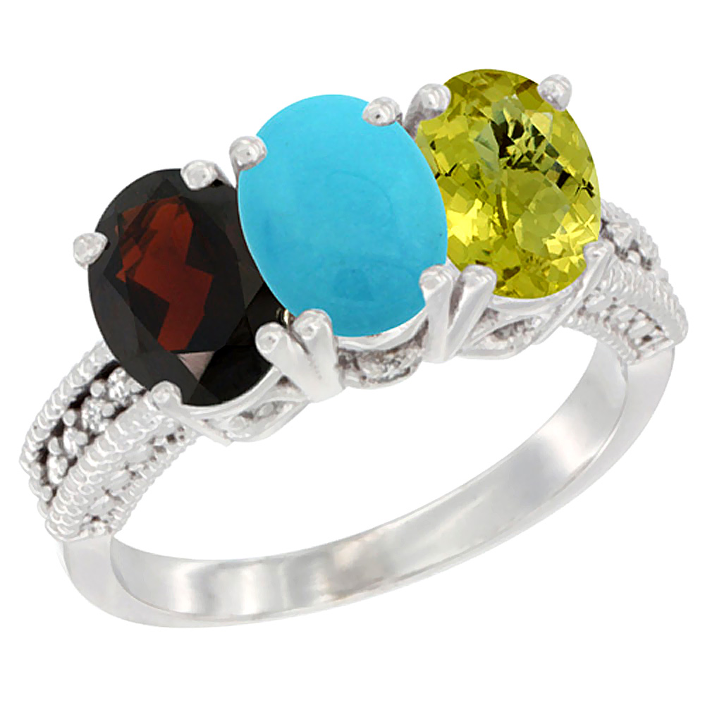Sabrina Silver 10K White Gold Natural Garnet, Turquoise & Lemon Quartz Ring 3-Stone Oval 7x5 mm Diamond Accent, sizes 5 - 10