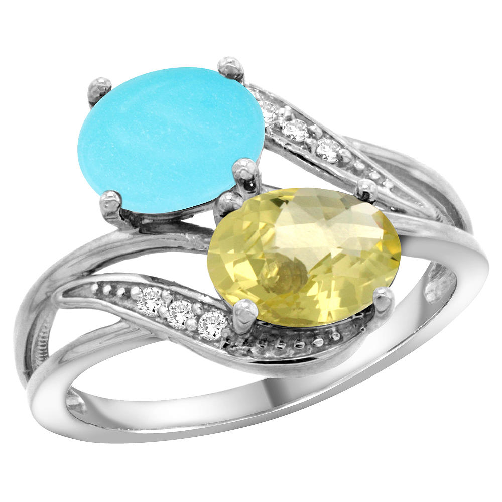 Sabrina Silver 14K White Gold Diamond Natural Turquoise & Lemon Quartz 2-stone Ring Oval 8x6mm, sizes 5 - 10