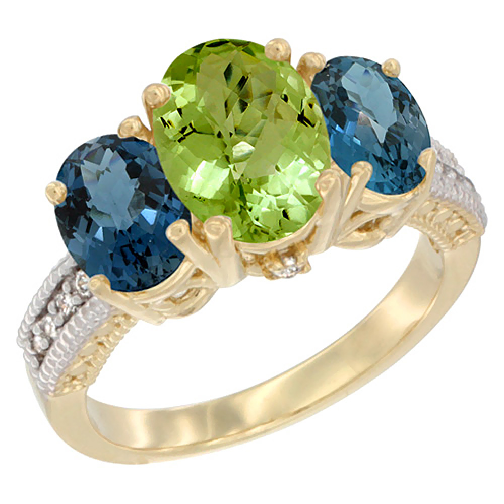 Sabrina Silver 14K Yellow Gold Diamond Natural Peridot Ring 3-Stone Oval 8x6mm with London Blue Topaz, sizes5-10