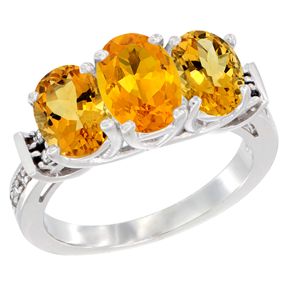 Sabrina Silver 10K White Gold Natural Citrine Ring 3-Stone Oval Diamond Accent, sizes 5 - 10