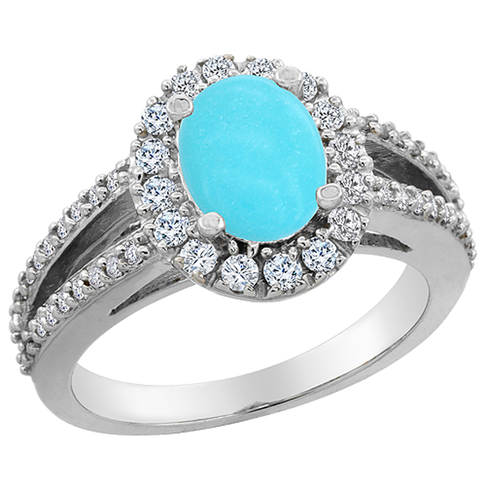 Sabrina Silver 10K White Gold Natural Turquoise Halo Ring Oval 8x6 mm with Diamond Accents, sizes 5 - 10
