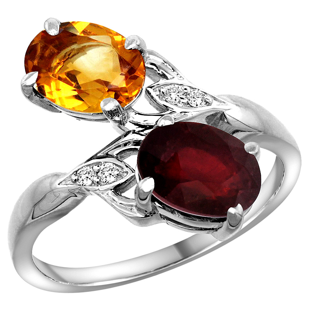 Sabrina Silver 10K White Gold Diamond Natural Citrine & Quality Ruby 2-stone Mothers Ring Oval 8x6mm, size 5 - 10
