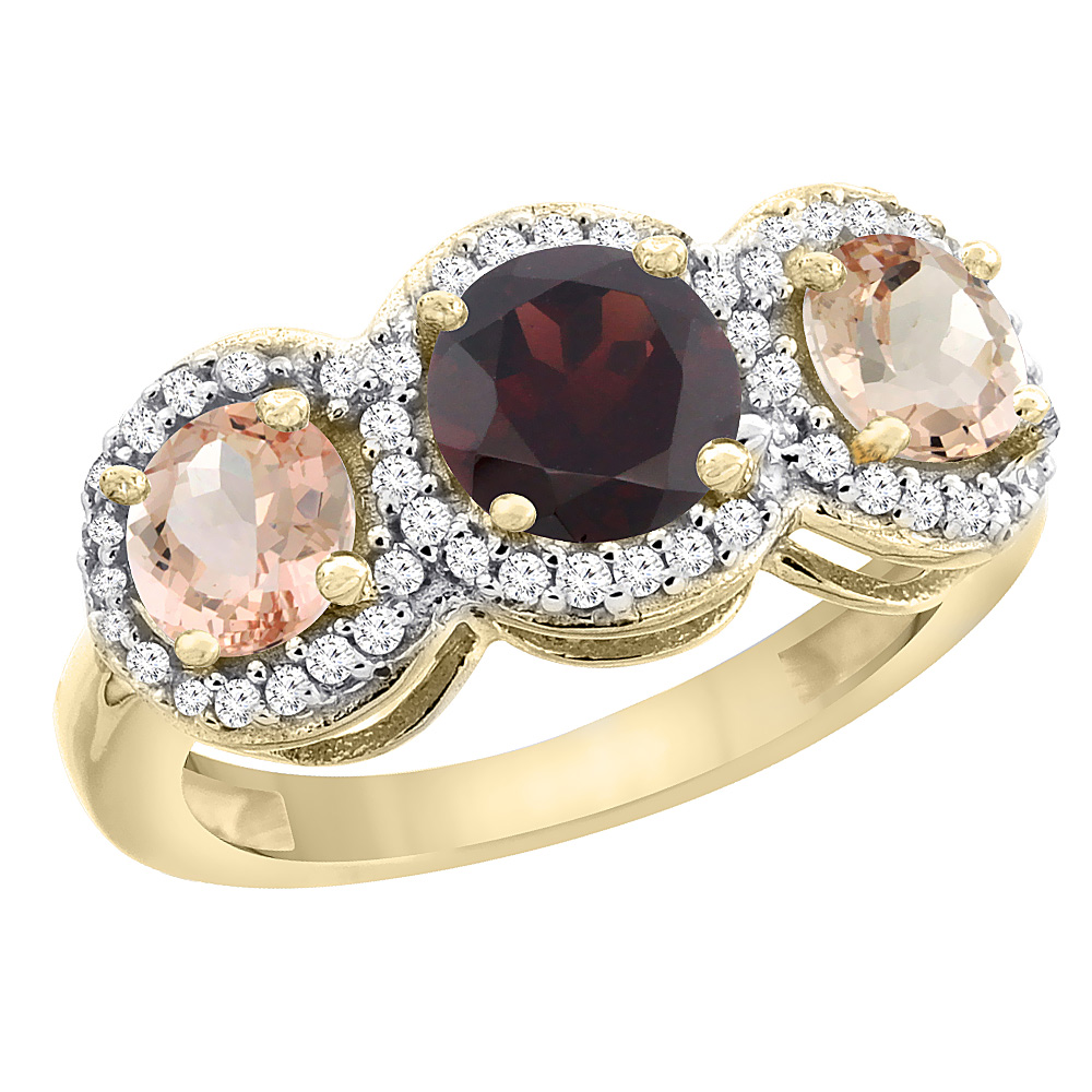 Sabrina Silver 14K Yellow Gold Natural Garnet & Morganite Sides Round 3-stone Ring Diamond Accents, sizes 5 - 10