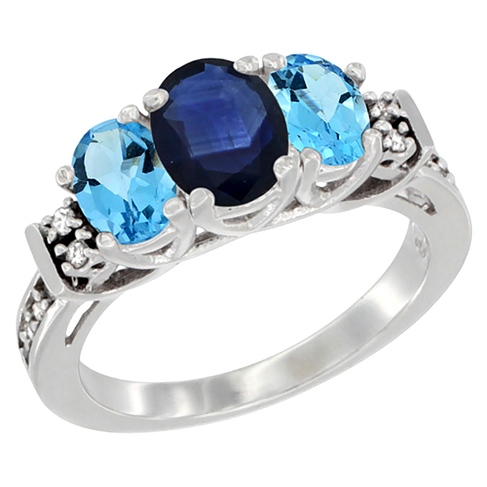 Sabrina Silver 14K White Gold Natural Blue Sapphire & Swiss Blue Topaz Ring 3-Stone Oval Diamond Accent, sizes 5-10