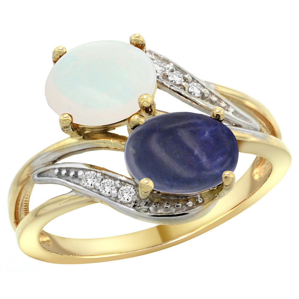 Sabrina Silver 10K Yellow Gold Diamond Natural Opal & Lapis 2-stone Ring Oval 8x6mm, sizes 5 - 10