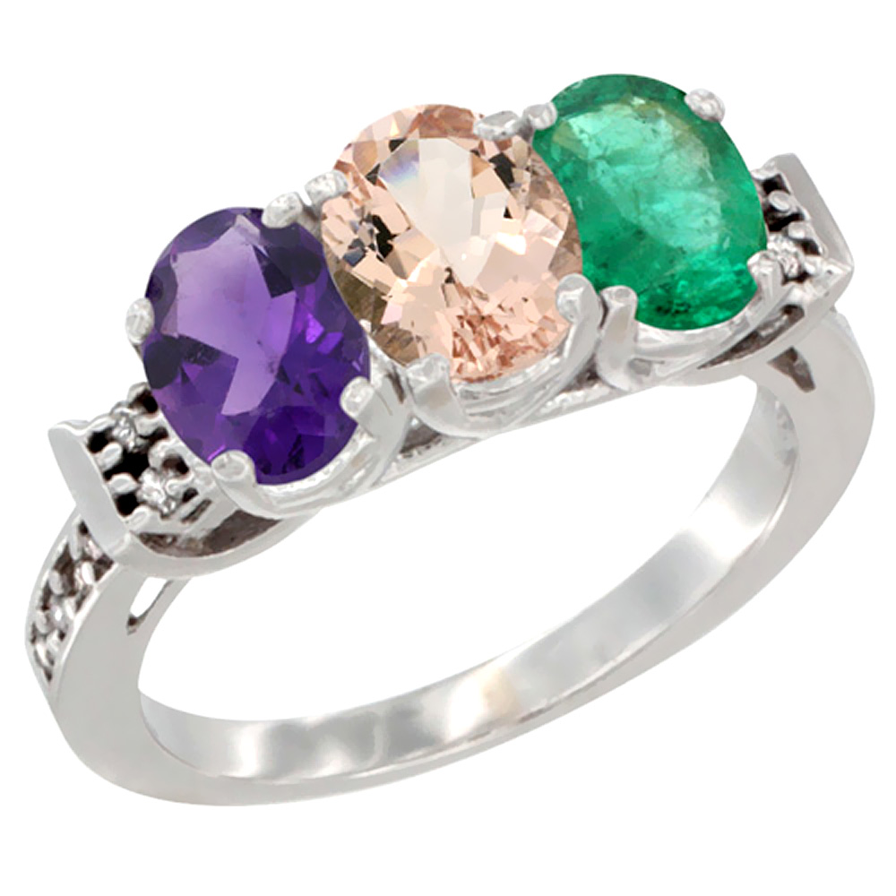 Sabrina Silver 14K White Gold Natural Amethyst, Morganite & Emerald Ring 3-Stone 7x5 mm Oval Diamond Accent, sizes 5 - 10