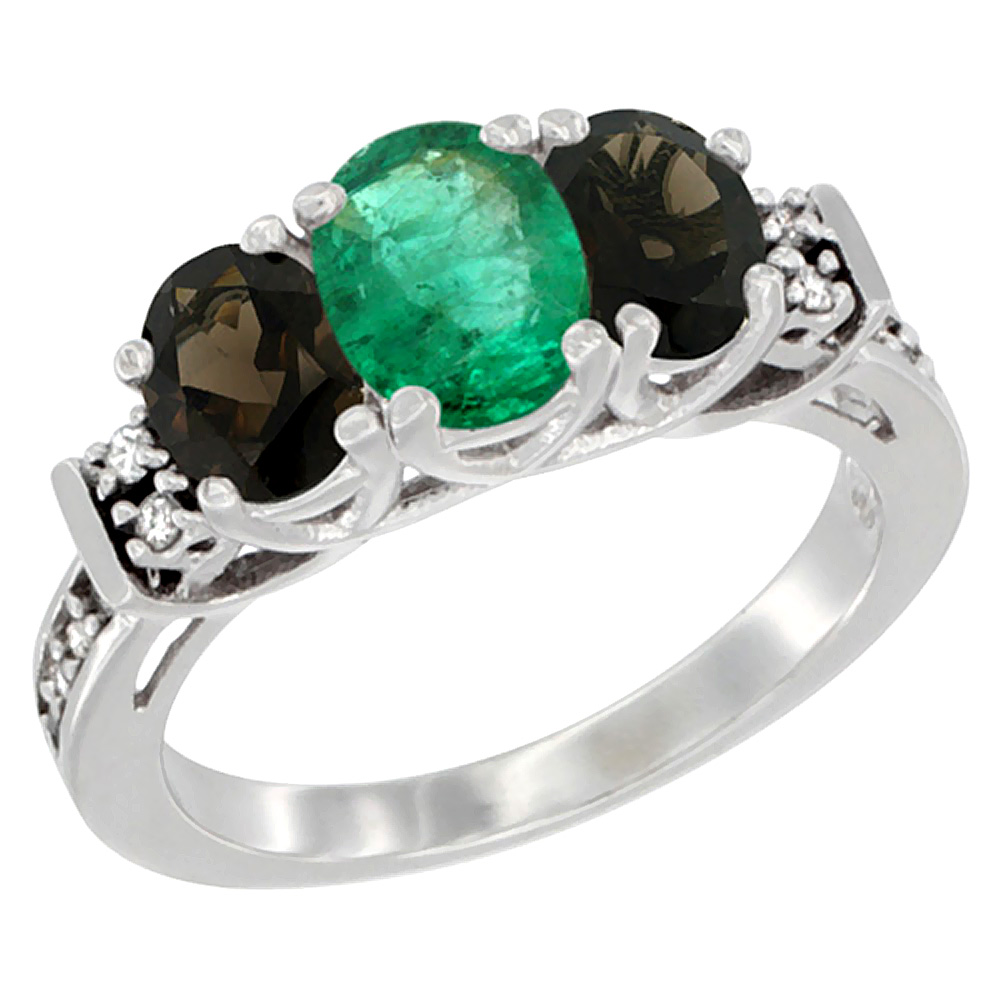 Sabrina Silver 14K White Gold Natural Emerald & Smoky Topaz Ring 3-Stone Oval Diamond Accent, sizes 5-10