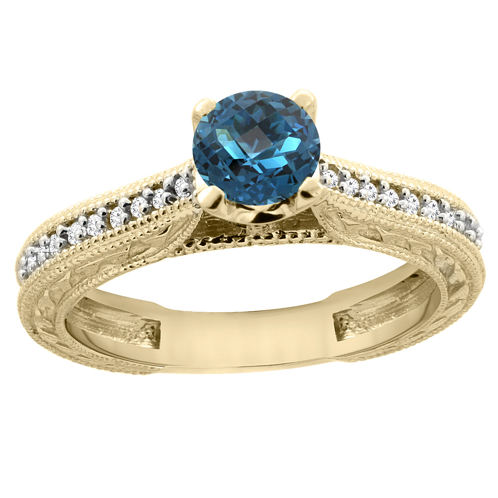 Sabrina Silver 14K Yellow Gold Natural London Blue Topaz Round 5mm Engraved Engagement Ring Diamond Accents, sizes 5 - 10