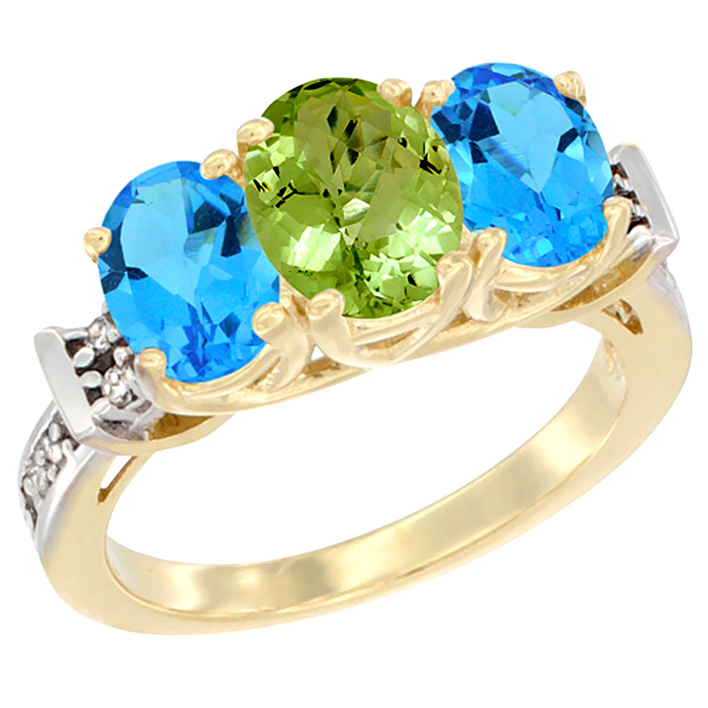 Sabrina Silver 14K Yellow Gold Natural Peridot & Swiss Blue Topaz Sides Ring 3-Stone Oval Diamond Accent, sizes 5 - 10