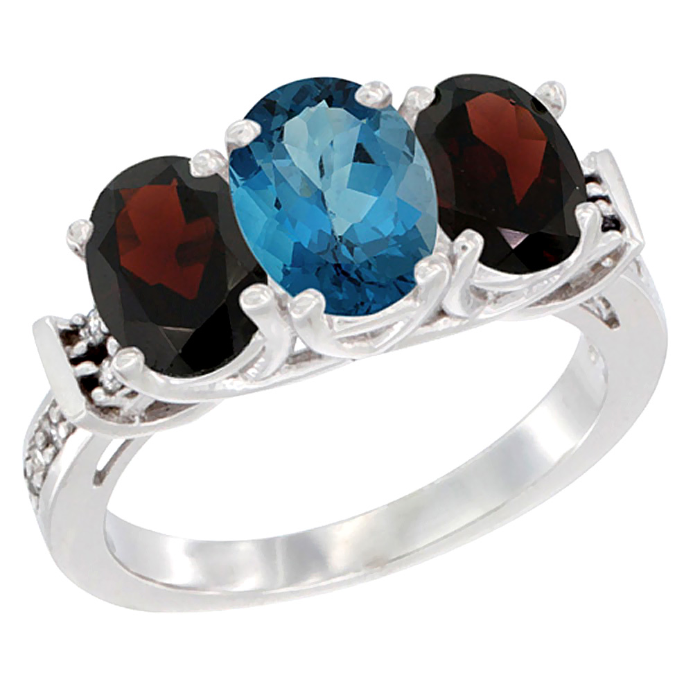 Sabrina Silver 14K White Gold Natural London Blue Topaz & Garnet Sides Ring 3-Stone Oval Diamond Accent, sizes 5 - 10