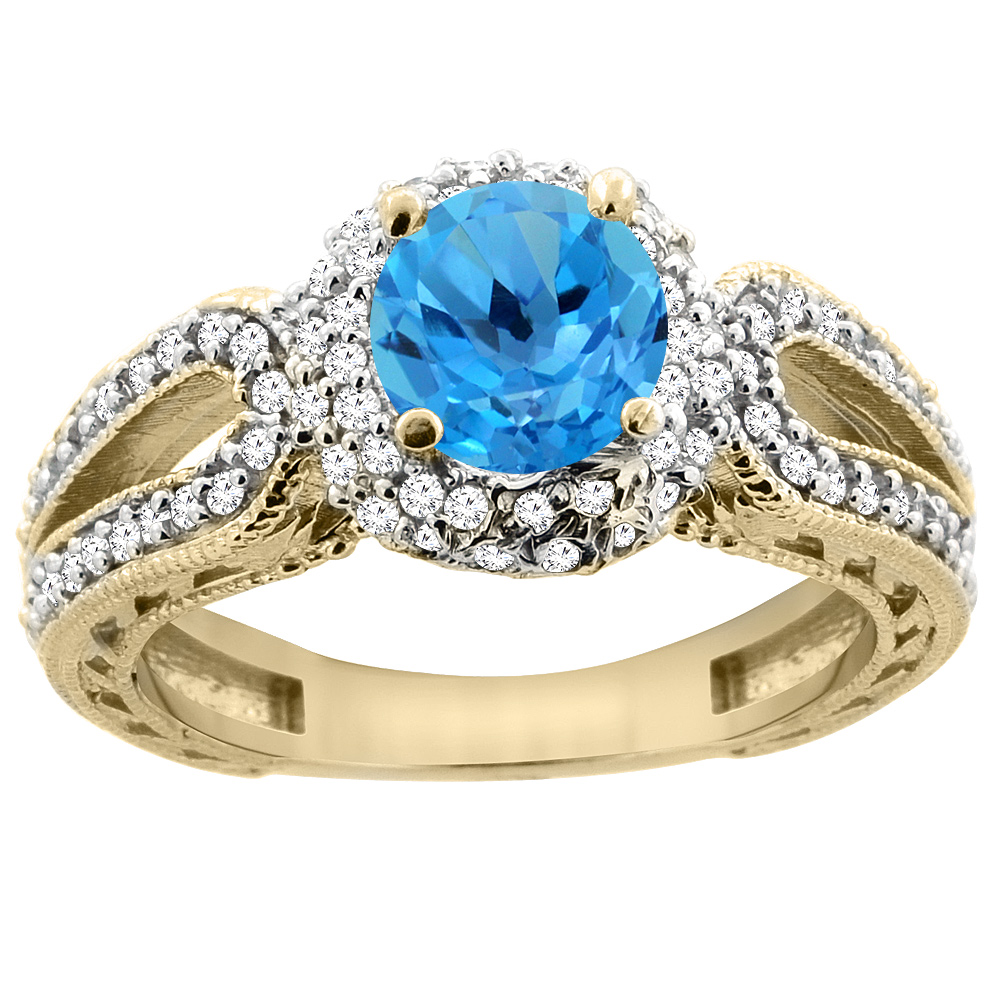 Sabrina Silver 14K Yellow Gold Natural Swiss Blue Topaz Engagement Ring Round 6mm Engraved Split Shank Diamond Accents, sizes 5 - 10