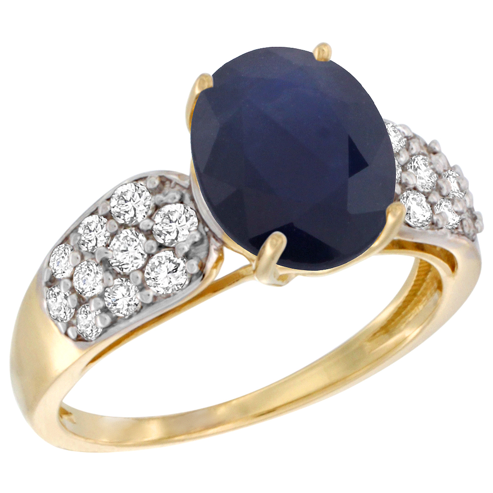 Sabrina Silver 14k Yellow Gold Natural Blue Sapphire Ring Oval 10x8mm Diamond Accent, 7/16inch wide, sizes 5 - 10