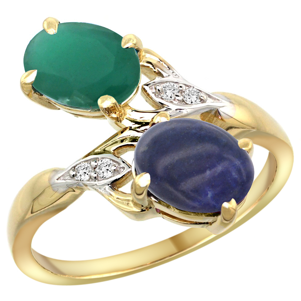 Sabrina Silver 14k Yellow Gold Diamond Natural Quality Emerald & Lapis 2-stone Mothers Ring Oval 8x6mm, size 5 - 10