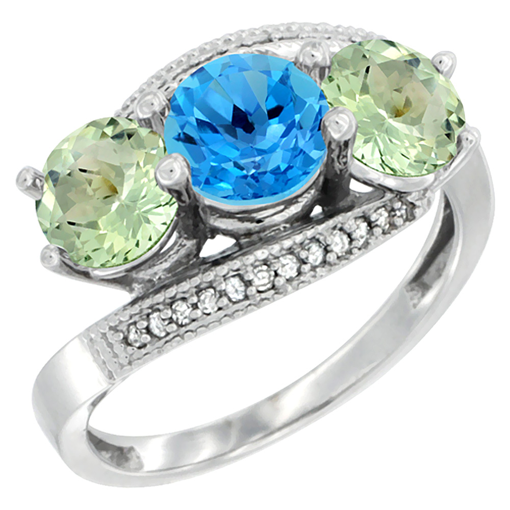 Sabrina Silver 10K White Gold Natural Swiss Blue Topaz & Green Amethyst Sides 3 stone Ring Round 6mm Diamond Accent, sizes 5 - 10