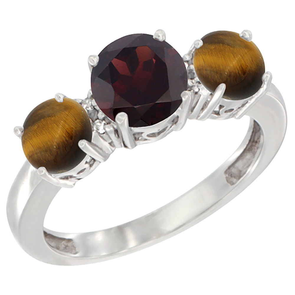 Sabrina Silver 14K White Gold Round 3-Stone Natural Garnet Ring & Tiger Eye Sides Diamond Accent, sizes 5 - 10