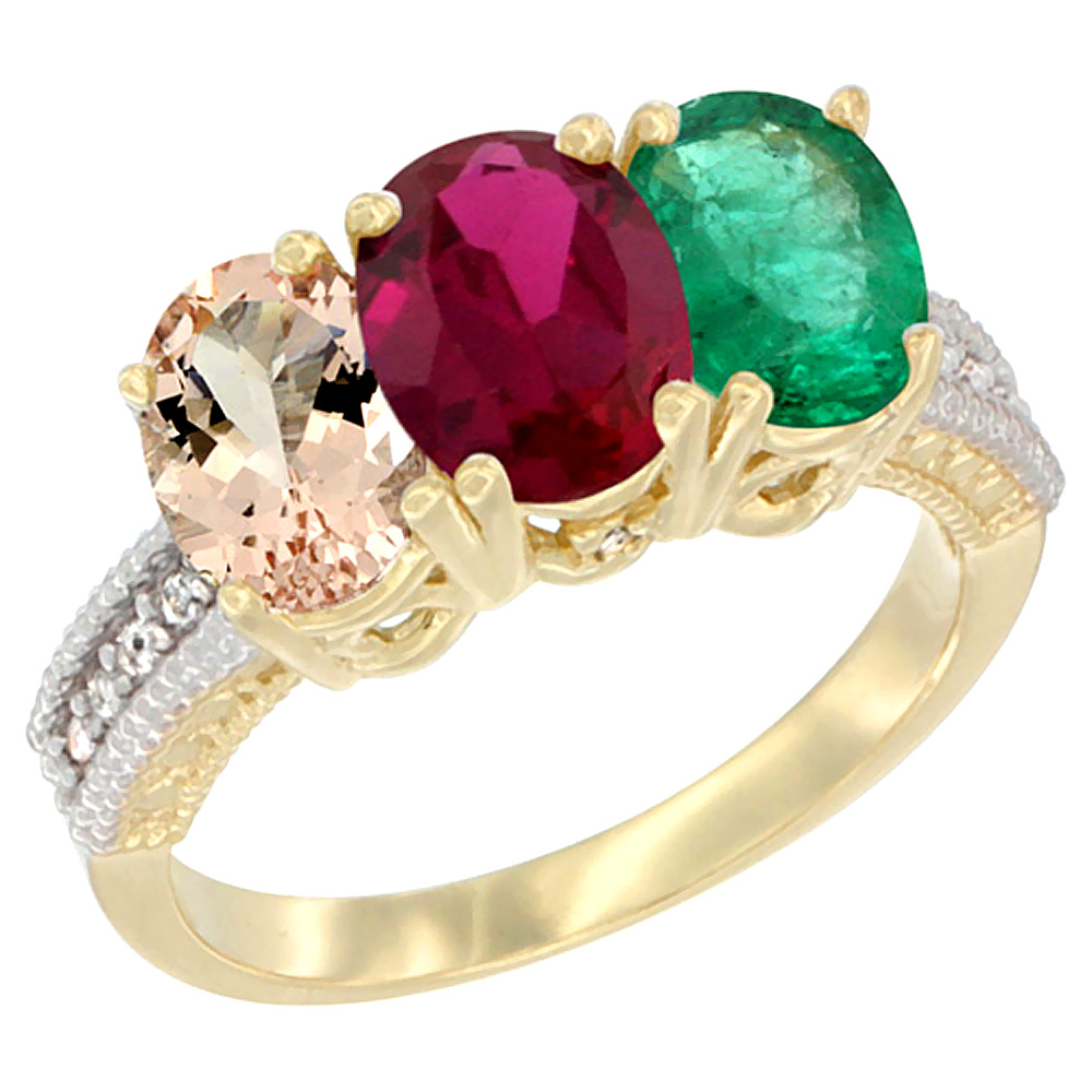 Sabrina Silver 14K Yellow Gold Natural Morganite, Enhanced Ruby & Natural Emerald Ring 3-Stone Oval 7x5 mm Diamond Accent, sizes 5 - 10