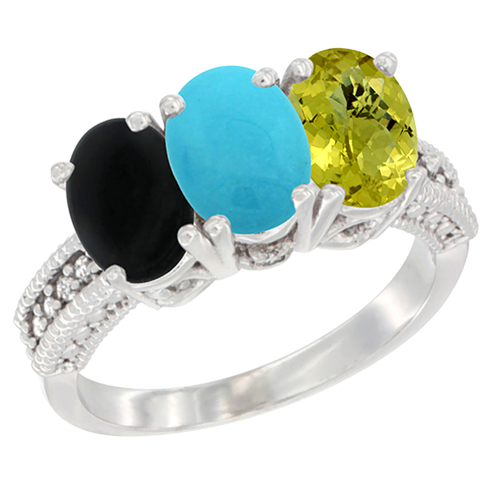 Sabrina Silver 10K White Gold Diamond Natural Black Onyx, Turquoise & Lemon Quartz Ring 3-Stone 7x5 mm Oval, sizes 5 - 10