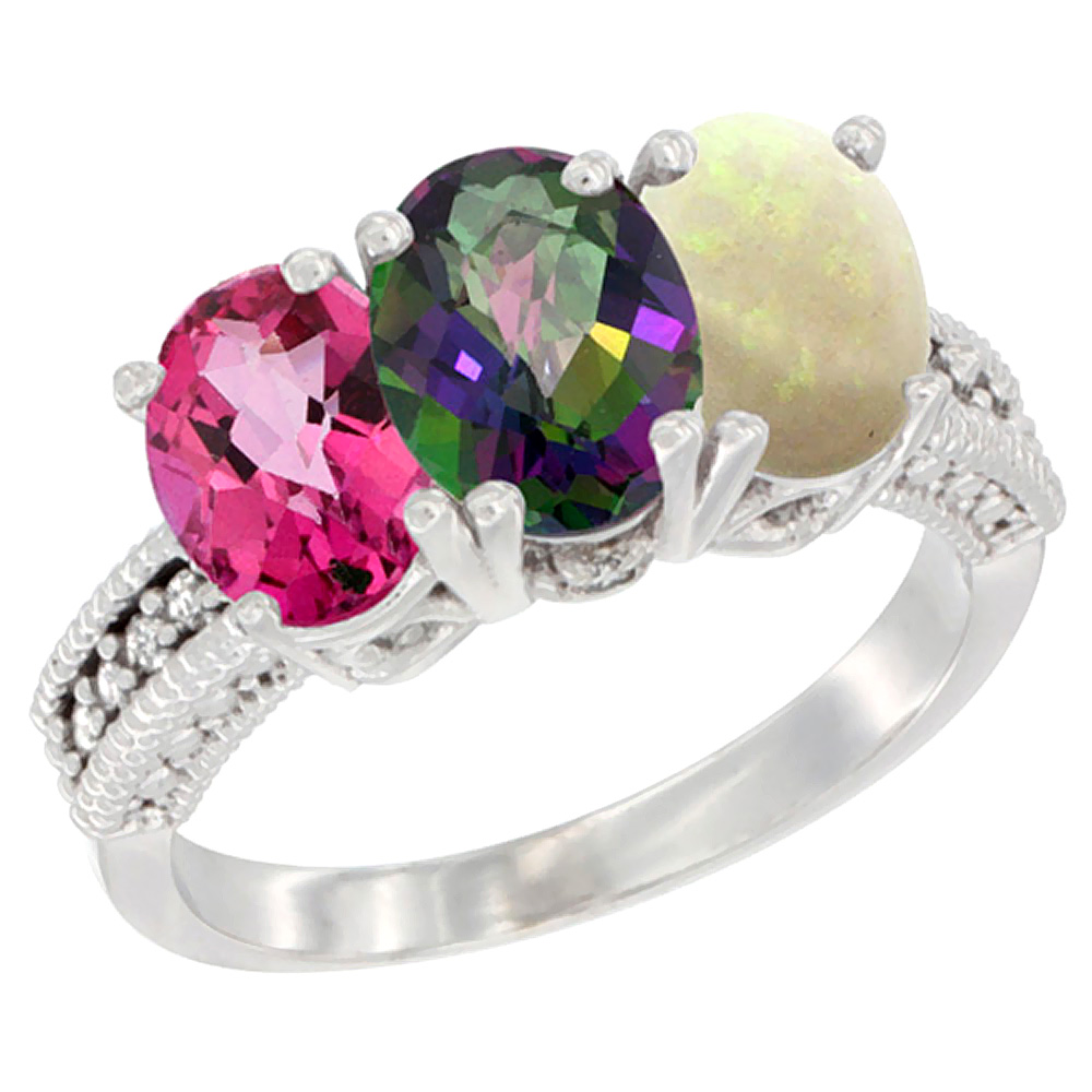 Sabrina Silver 14K White Gold Natural Pink Topaz, Mystic Topaz & Opal Ring 3-Stone 7x5 mm Oval Diamond Accent, sizes 5 - 10
