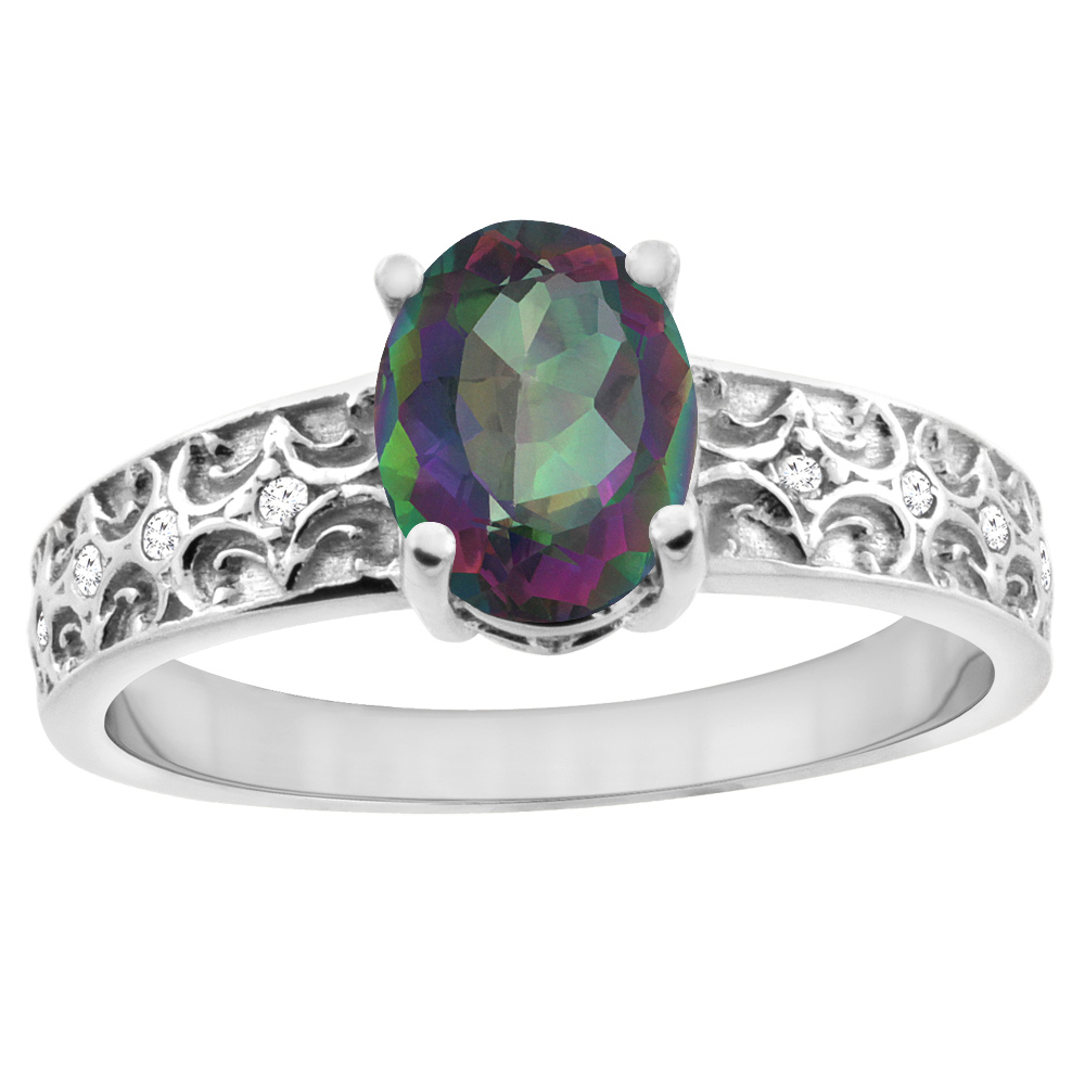Sabrina Silver 14K White Gold Natural Mystic Topaz Ring Oval 8x6 mm Diamond Accents, sizes 5 - 10