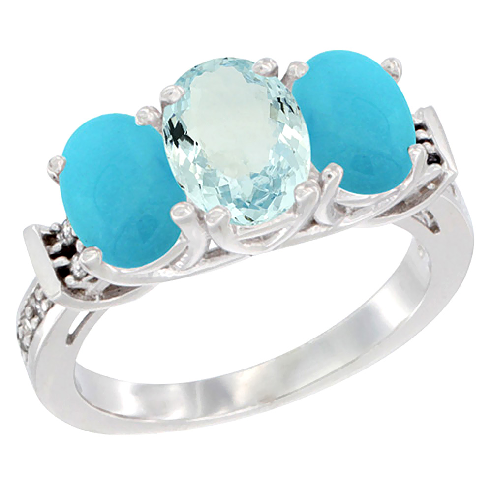Sabrina Silver 10K White Gold Natural Aquamarine & Turquoise Sides Ring 3-Stone Oval Diamond Accent, sizes 5 - 10