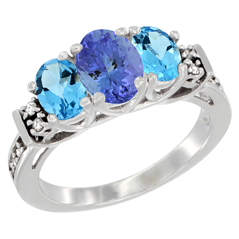 Sabrina Silver 10K White Gold Natural Tanzanite & Swiss Blue Topaz Ring 3-Stone Oval Diamond Accent, sizes 5-10