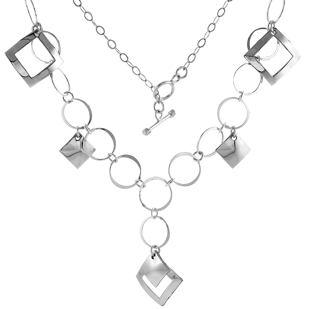 Sabrina Silver Sterling Silver Geometric Square Toggle Necklace Round Link, 20 inch long