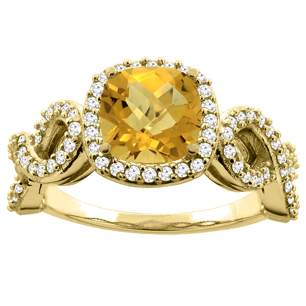 Sabrina Silver 14K Gold Natural Whisky Quartz Engagement Ring Cushion 7mm Eternity Diamond Accents, sizes 5 - 10