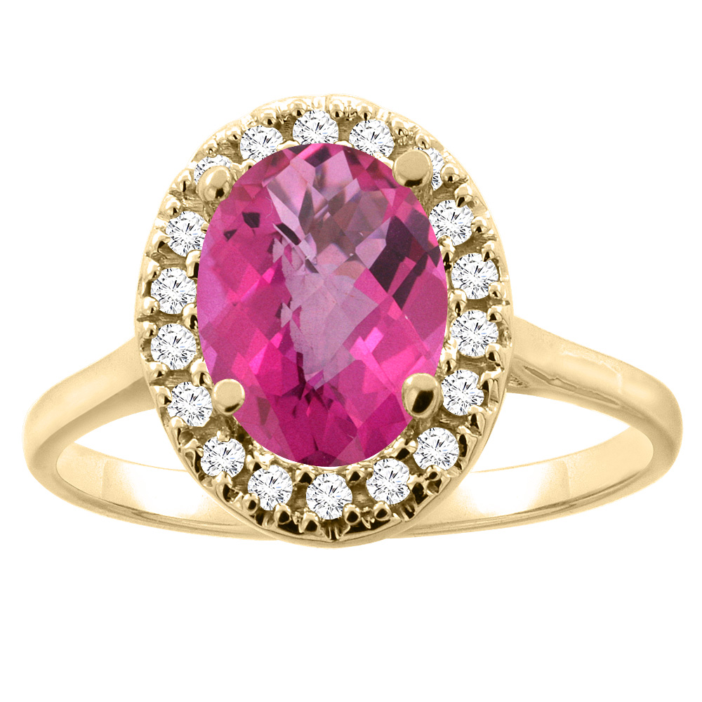 Sabrina Silver 14K Gold Natural Pink Topaz Halo Ring Oval 9x7mm Diamond Accent, sizes 5 - 10