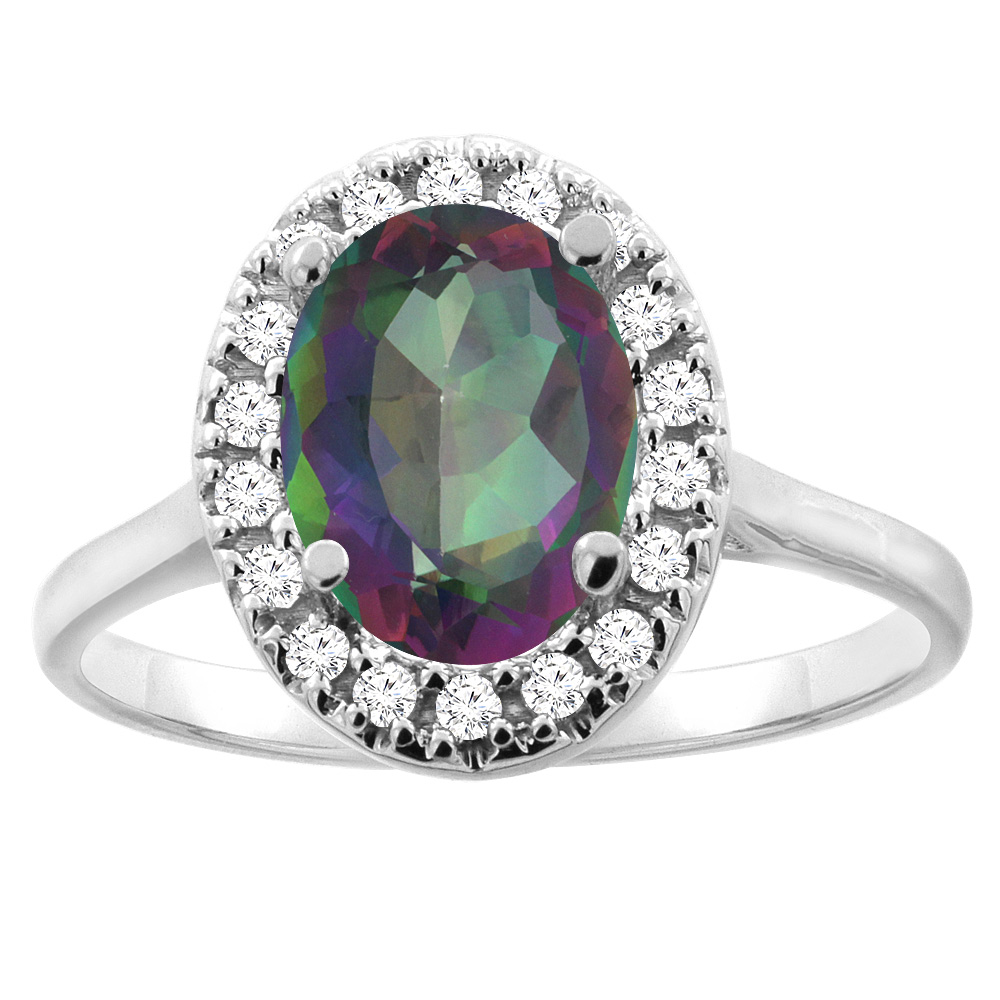 Sabrina Silver 14K Gold Natural Mystic Topaz Halo Ring Oval 9x7mm Diamond Accent, sizes 5 - 10