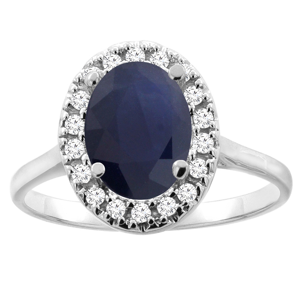 Sabrina Silver 14K Gold Natural Blue Sapphire Halo Ring Oval 9x7mm Diamond Accent, sizes 5 - 10